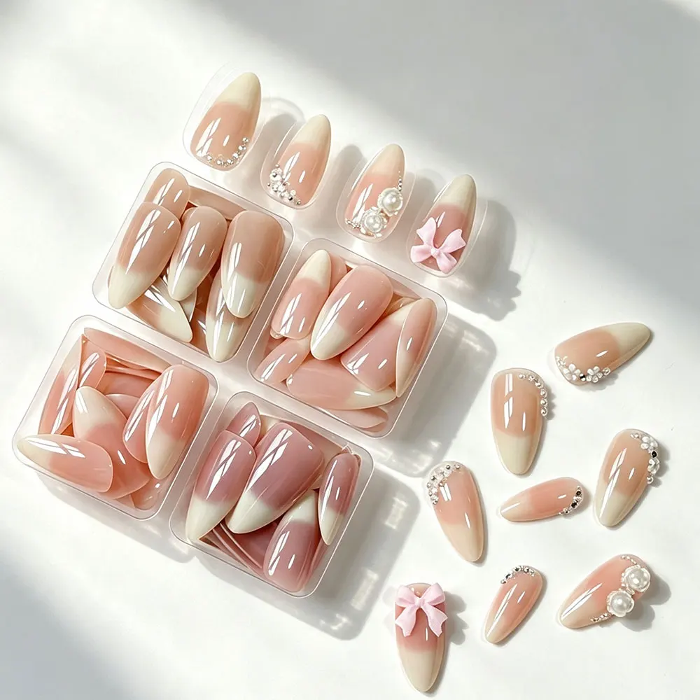 120 Stück glänzende braun-rosa-nude Ombre French Press-On Nägel, mittlere Größe, Mandelform, Perlen, Schleife, Blumen, künstliche Nägel, vollständige Abdeckung, D&3 – Detail 3