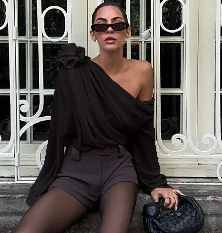 

Сетчатые шифоновые топы с косым воротником и цветочной аппликацией для женщин, элегантные модные клубные укороченные топы, прозрачный пуловер, новый