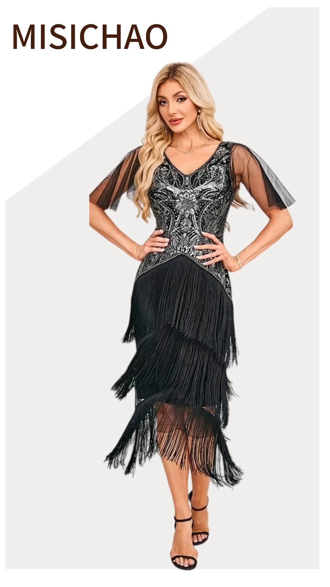 MISICHAO Vestido feminino flapper com decote em V, malha de lantejoulas e contas, manga curta, borla, franja, bainha, midi, vestido de coquetel de noite