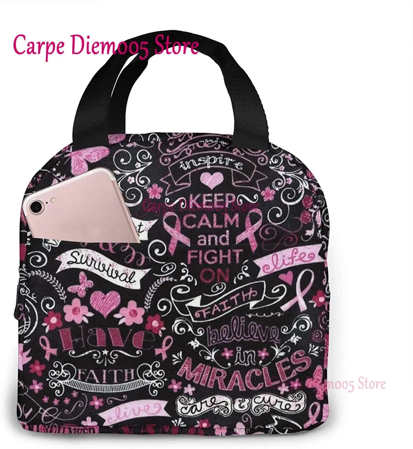 Pink Ribbon Support Breast Cancer Pattern  Repeat For Portable Insulated Lunch Bag