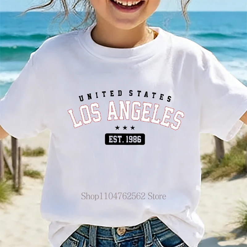 Summer Children Casual Fashion T-shirts Los Angeles Graphic Print Colorful Tops Girls Boys O-Neck Loose Short Sleeve Kids Tees