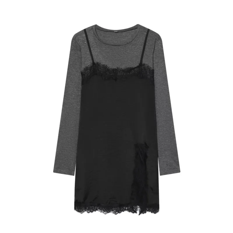 Primavera Verano mujer Patchwork vestido Midi Casual cuello redondo manga larga Mujer Encaje Vintage Vestido corto Chic elástico vestido femenino