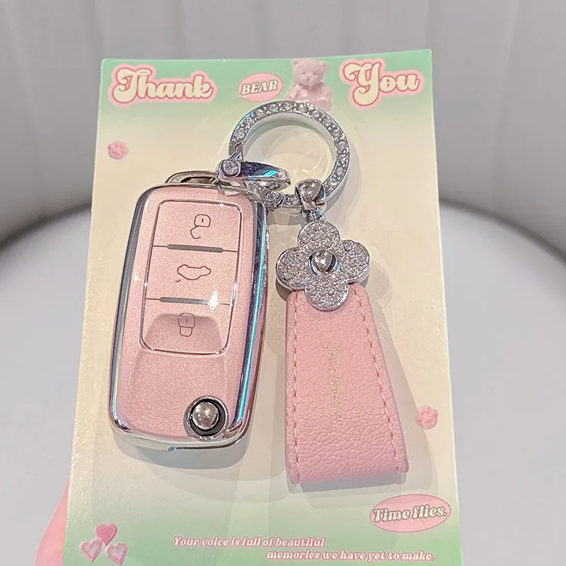 Pink Fresh Flowers for Volkswagen for VW Polo Beetle Caddy Eos Skoda Octavia Leon Remote Car Key Case Cover Holder Accessories view 3