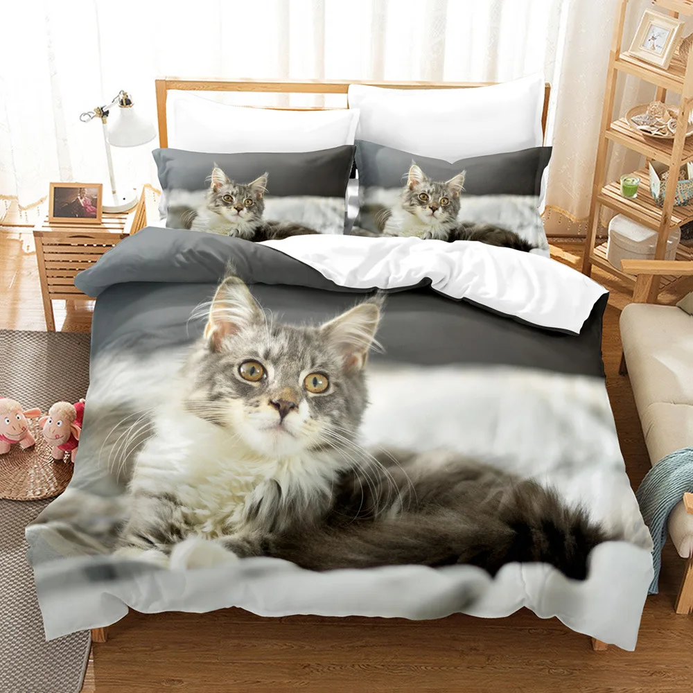 Cute Sleepy Cat Bedding Set 3D Print Smooth Luxury Cozy Washable King Queen Twin Size Duvet Cover Set Kids Boys Girls Birthday
