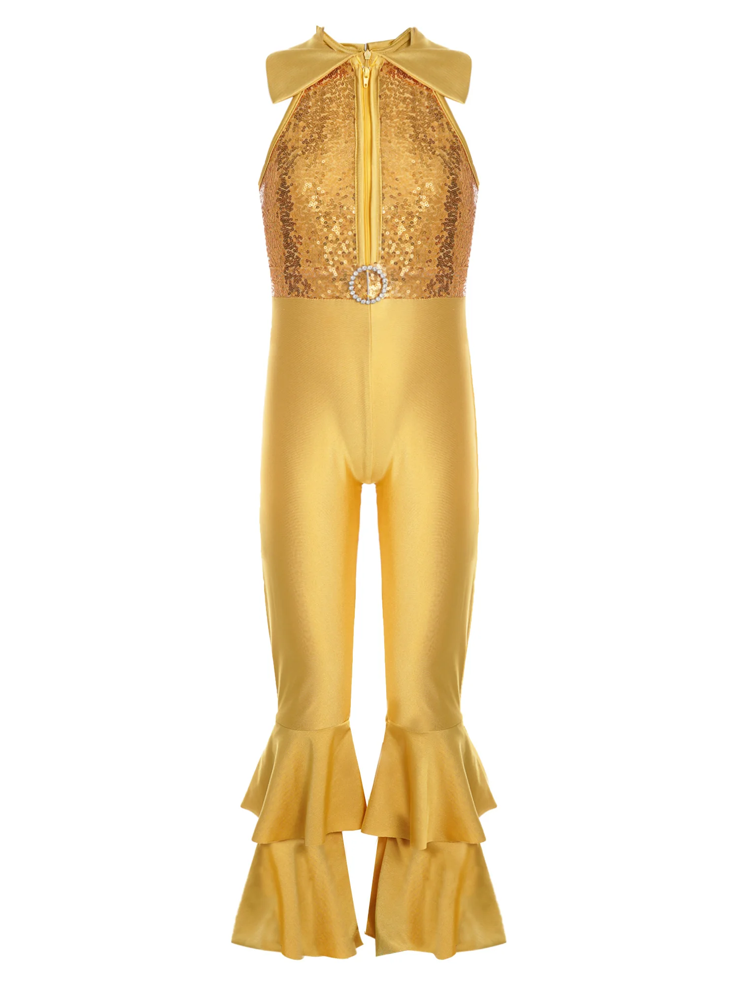 Girls Ballroom Dance Costumes Shiny Sequins O-ring Front Tiered Bell-bottom Long Pants 60s 70s Hippie Disco Dance Leotards