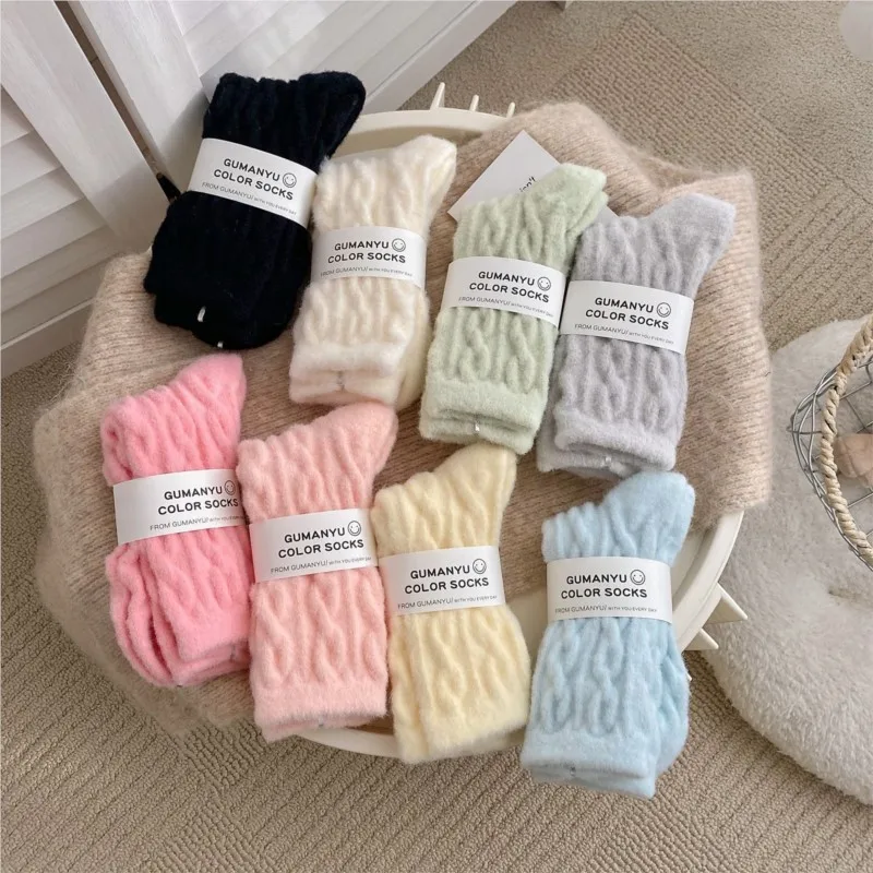 Women's Autumn Winter Socks Thick Warm Mid-tube Socks Solid Color Simple Vertical Stripe Funny Sock Fleece Warm Home Floor Socks