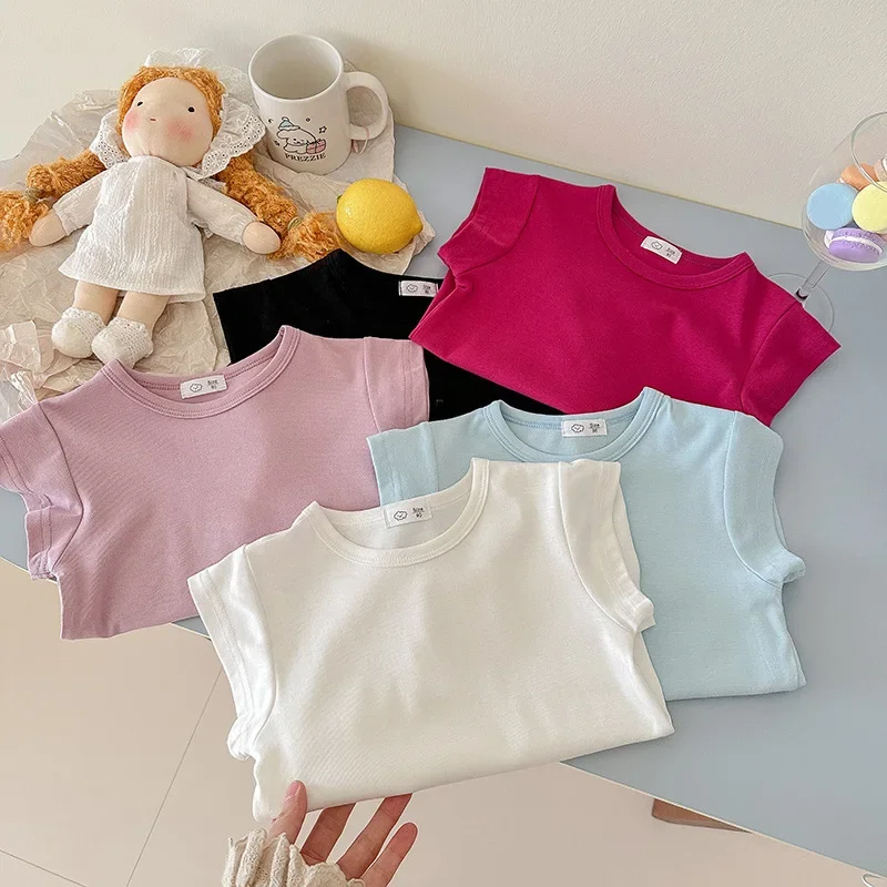 Summer Round Neck Solid Color Short Sleeve Pullover Shirt Toddler Kids Newborn Baby Boy Girls T-Shirt Casual