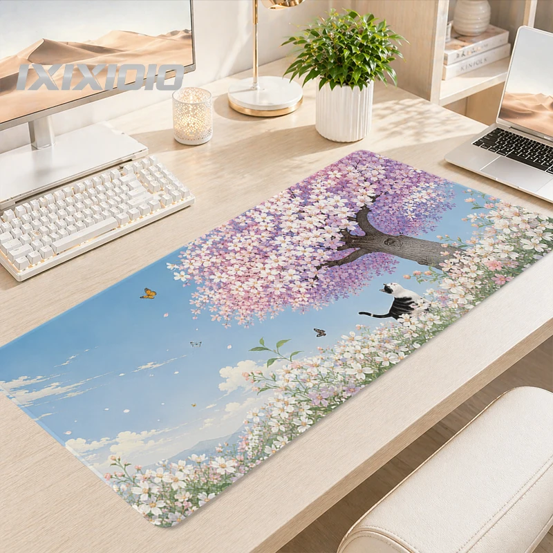 Blue Sky Sakura Black Cat Mouse Pad Gaming printon demand Computer HD Custom Mousepad XXL Mouse Mat Office Non-Slip Mouse Mats
