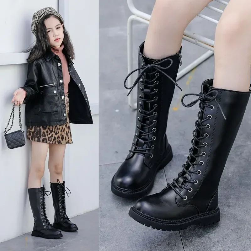 Botas Fashion Child Boots New Girl Leather Boots Retro High Boots Princess Long Boots Platform  Boots Kid Shoes Girl Boot Sapato