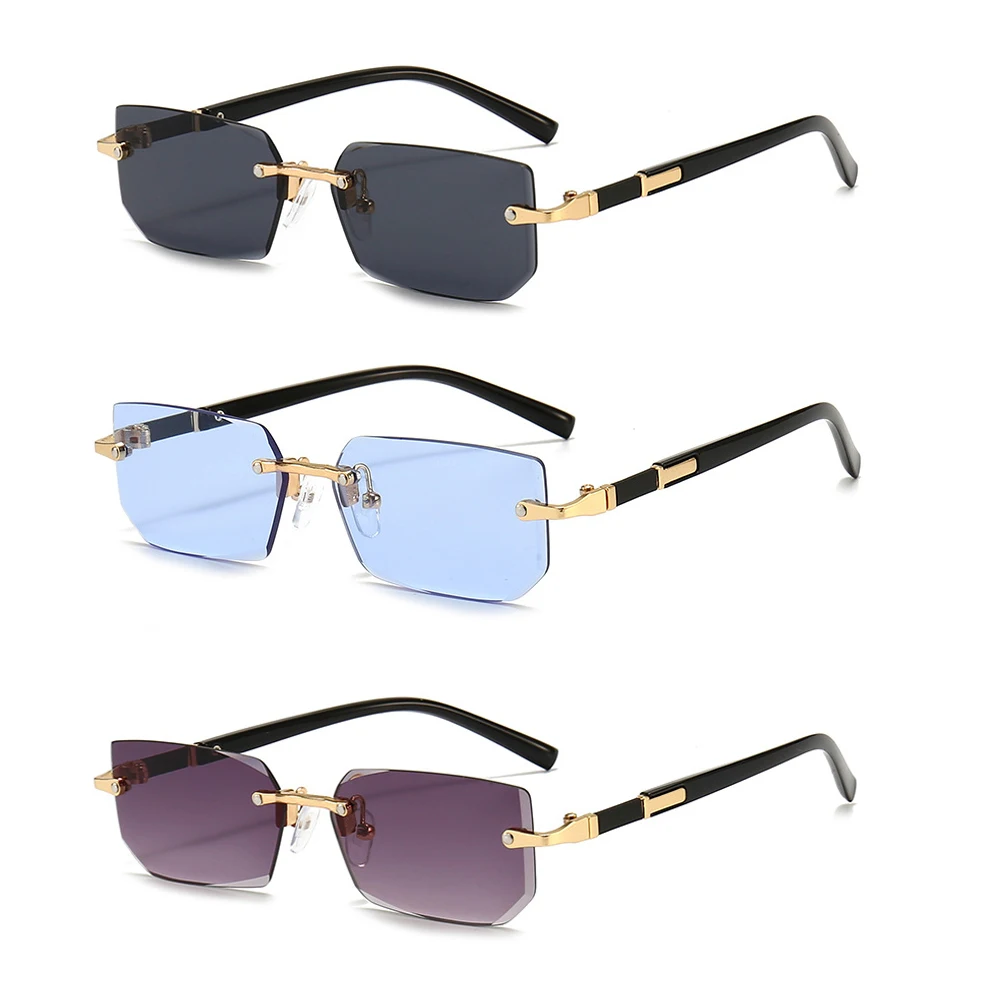 3pcs/set Rimless Sunglasses Rectangle Popular Women Men Shades Small Square Sun Glasses For Female Male Summer Traveling Glasses