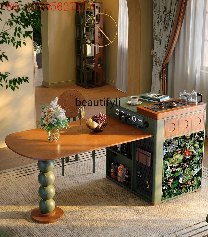 

Retractable island dining table integrated French retro household solid wood multi-functional, medieval dining table9344