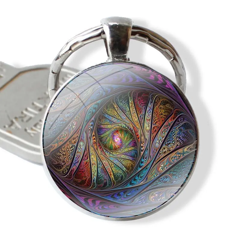 Keychain Handmade Glass Cabochon Key Ring Holder Pendant Key Chains Handmade Mixed Whirling Fractal Patterns