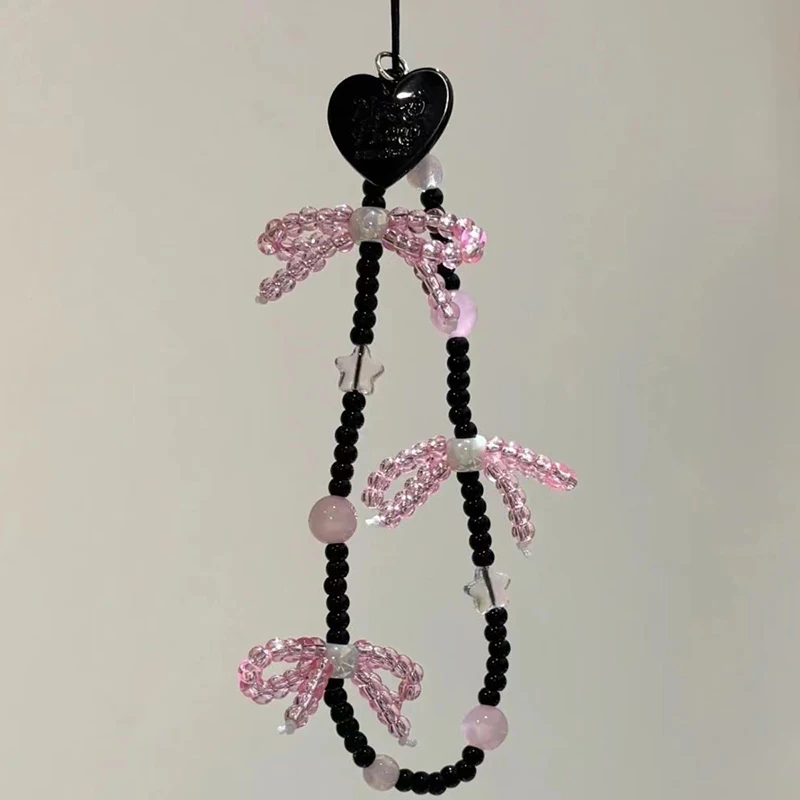 

Cute 3D Black Pink Korean Bowknot Beaded Phone Chain For Phone Camera Hanging Rope Pendant Anti-Lost Lanyard Hanging Jewelry