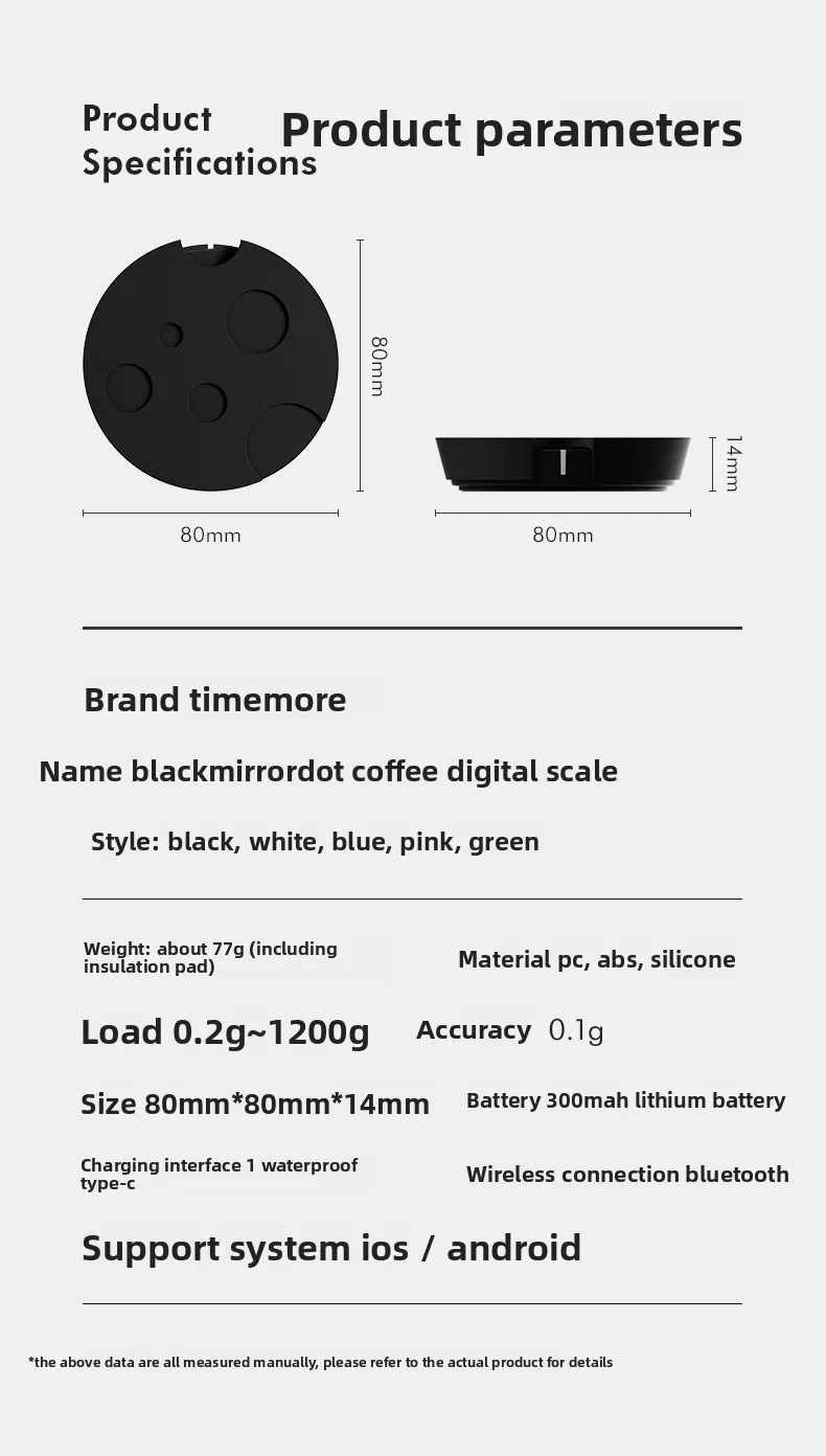 TIMEMORE Black Mirror Dot Smart Coffee Electronic Scale APP Interconnection Bluetooth Connected Barista No‑Screen Digital Scales
