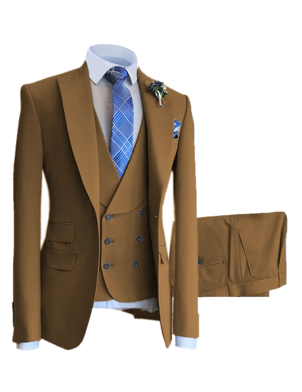 Men Suits Slim Fit Shawl Lapel Wool Tweed Prom Grey Formal Tuxedos Wedding Groomsmen Brown 3 Pieces (Blazer+Vest+Pants)