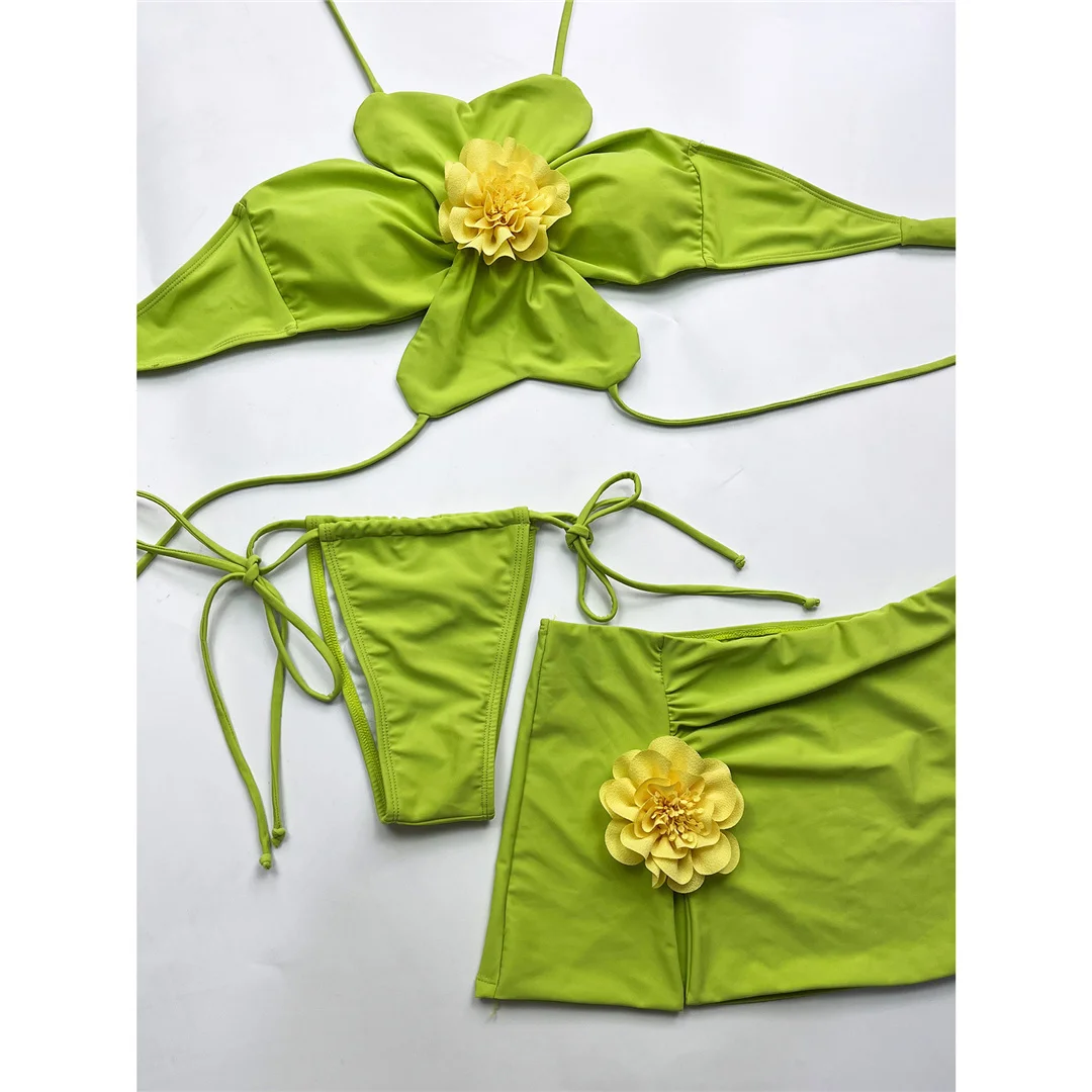 Mit Rock 3D-Blumen Neckholder-Bikini Damen-Badeanzug Damen-Bademode Dreiteiliges Bikini-Set Gepolsterter Badeanzug Badebekleidung V6699 – Detail 5