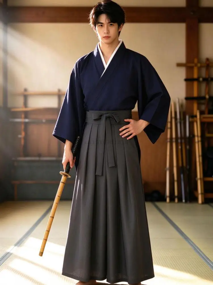 Men Japanese Kimono Hakama Set Samurai Kendo Cross Collar Wide Sleeve Navy Wine Red Gray Traditional Cosplay Halloween Cotton