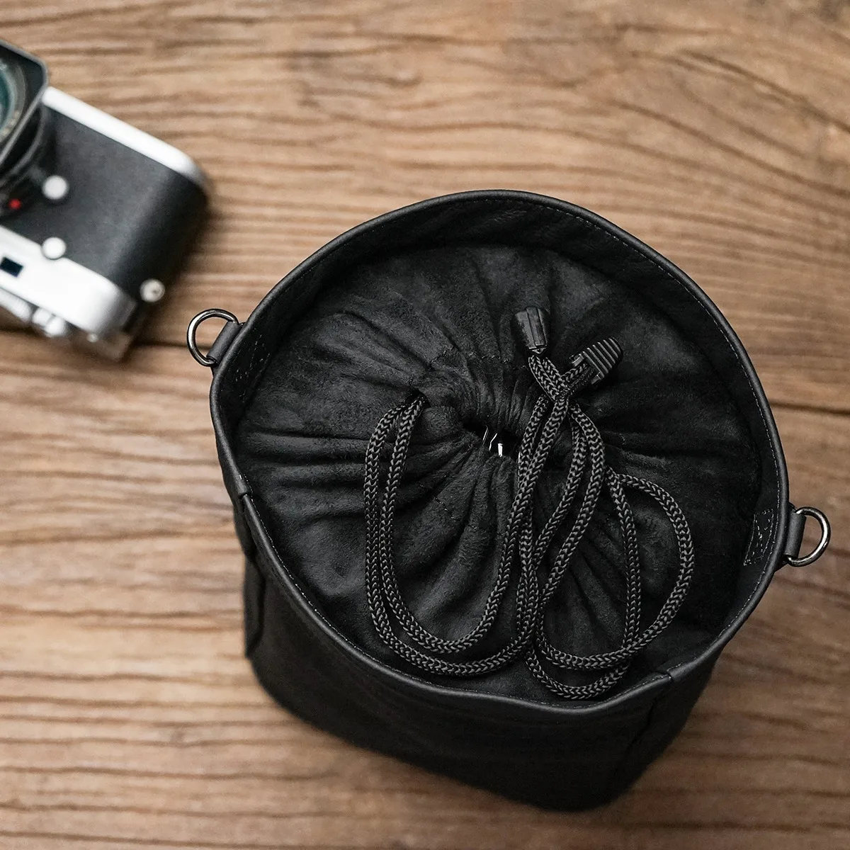 Genuine Leather Drawstring Camera Bag Insert Storage Pocket Pouch For Canon Nikon Sony Fuji TX5 Leica Q3 A7 C2 Ricoh Lens