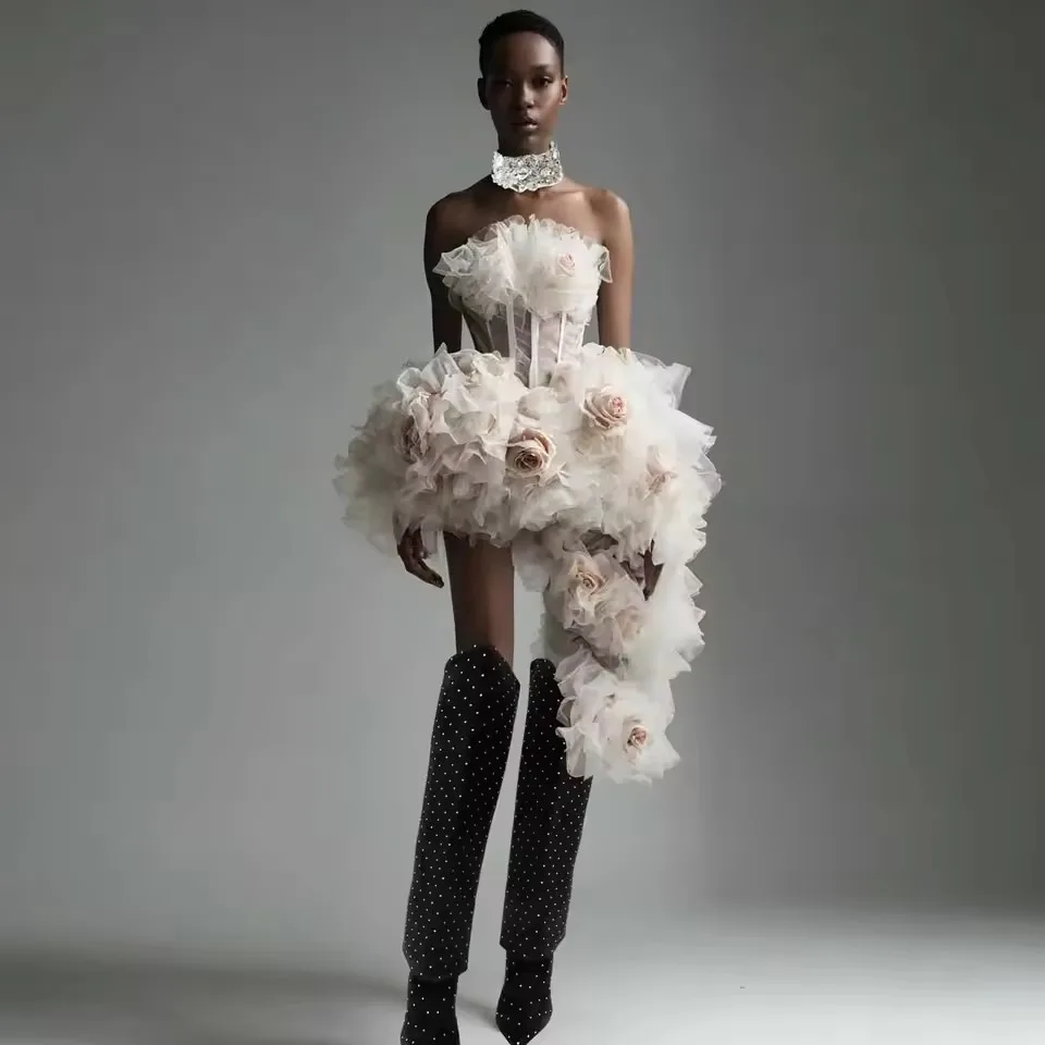 

Asymmetrical Floral Short Party Dresses Ruffled Tulle Flowers Formal Occasion Dress Women Birthday Wear Event Dress