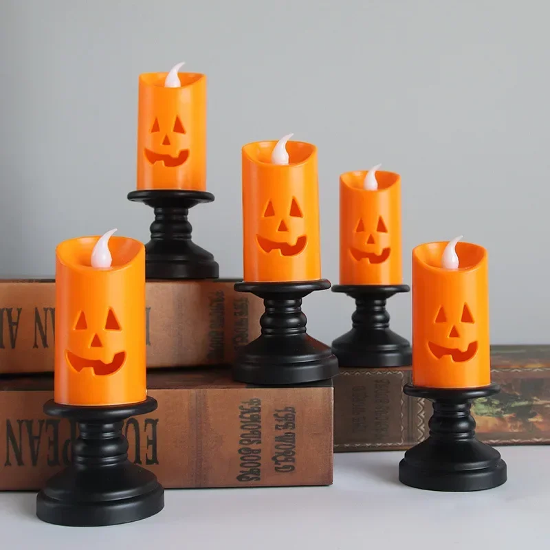 Candele di zucca senza fiamma LED Bagliore arancione Centrotavola da tavolo di Halloween Decorazione con sfarfallio spettrale Atmosfera stregata alimentata a batteria