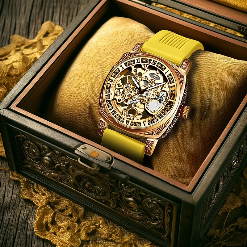 A men's golden yellow mechanical watch with a youthful collegiate style, featuring fine textured engravings