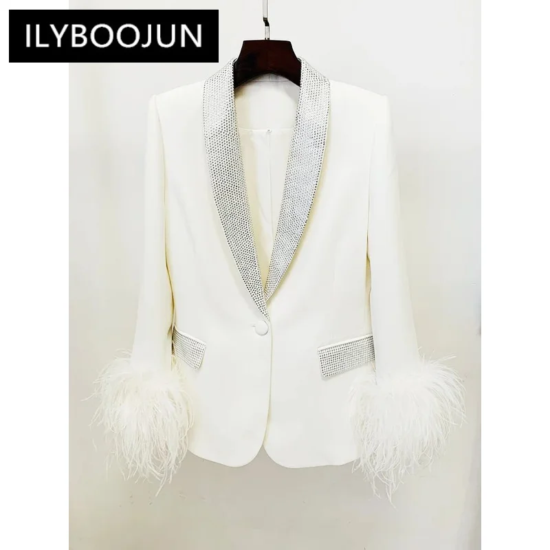 

ILYBOOJUN Fashion 2024 Designer Jacket Women's Ostrich Real Feather Embellished Diamonds Shawl Collar Blazer