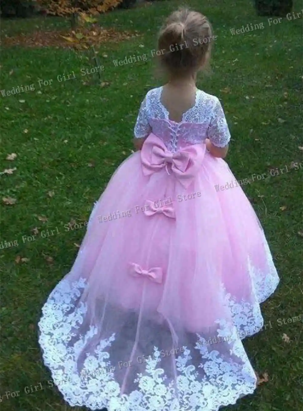 

Pink Flower Girl Dresses For Wedding Custom Made Hot Pageant Girl Dresses White Lace Appliques Tulle Party Gown train Bow