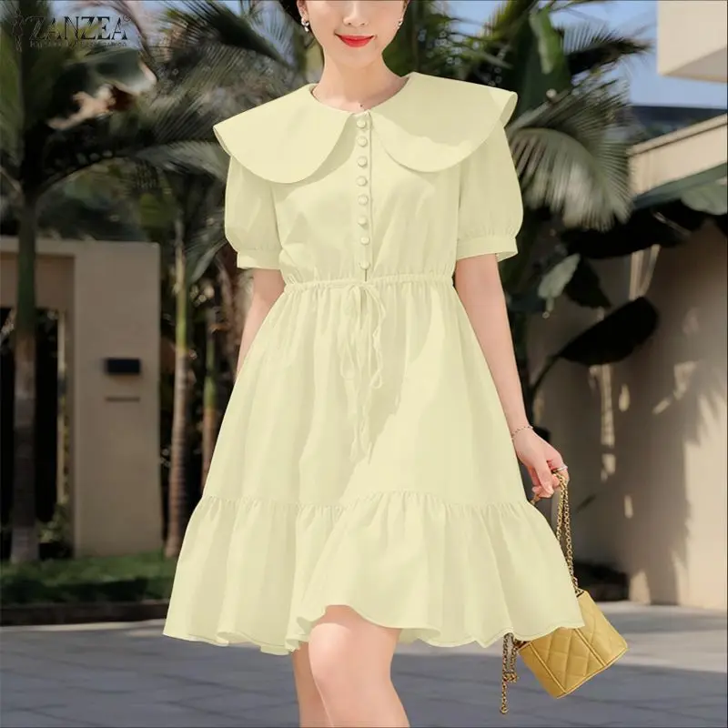 스타일리시한 러플 드레스 ZANZEA 여성용 2026 여름 드레스 우아한 라펠 넥 짧은 소매 파티 워크 썬드레스 솔리드 버튼 미디 로브