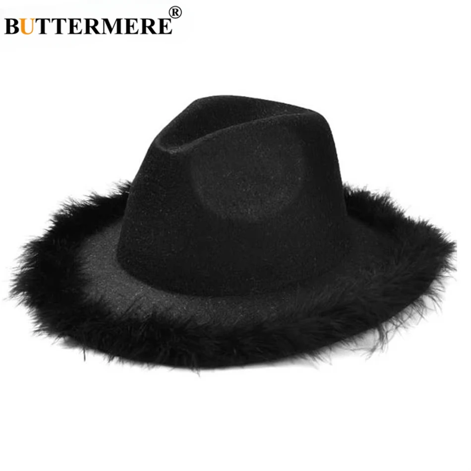 

BUTTERMERE Black Women Fedora Hat with Feather Fur Fashion Design Wool Jazz Hat Female Spring Autumn Party Elegant Felt Hat