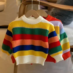 2023 Autumn Winter Girls Striped Sweater Korean Cute Kids Colored Top Multi Color Round Neck Pullover Knitted Sweater For Baby