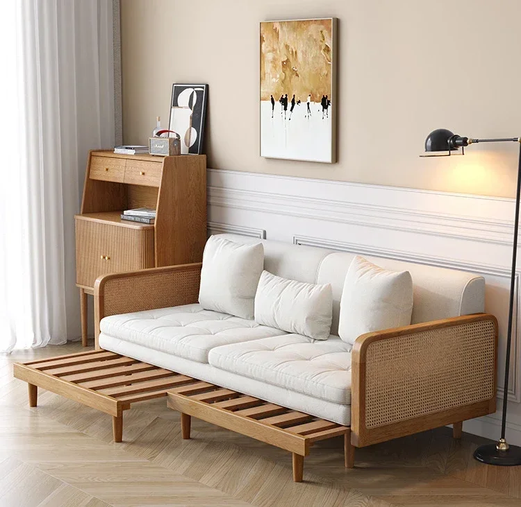 

Nordic solid wood sofa bed, dual-purpose for sitting and sleeping, multifunctional small unit, foldable and extendable bed