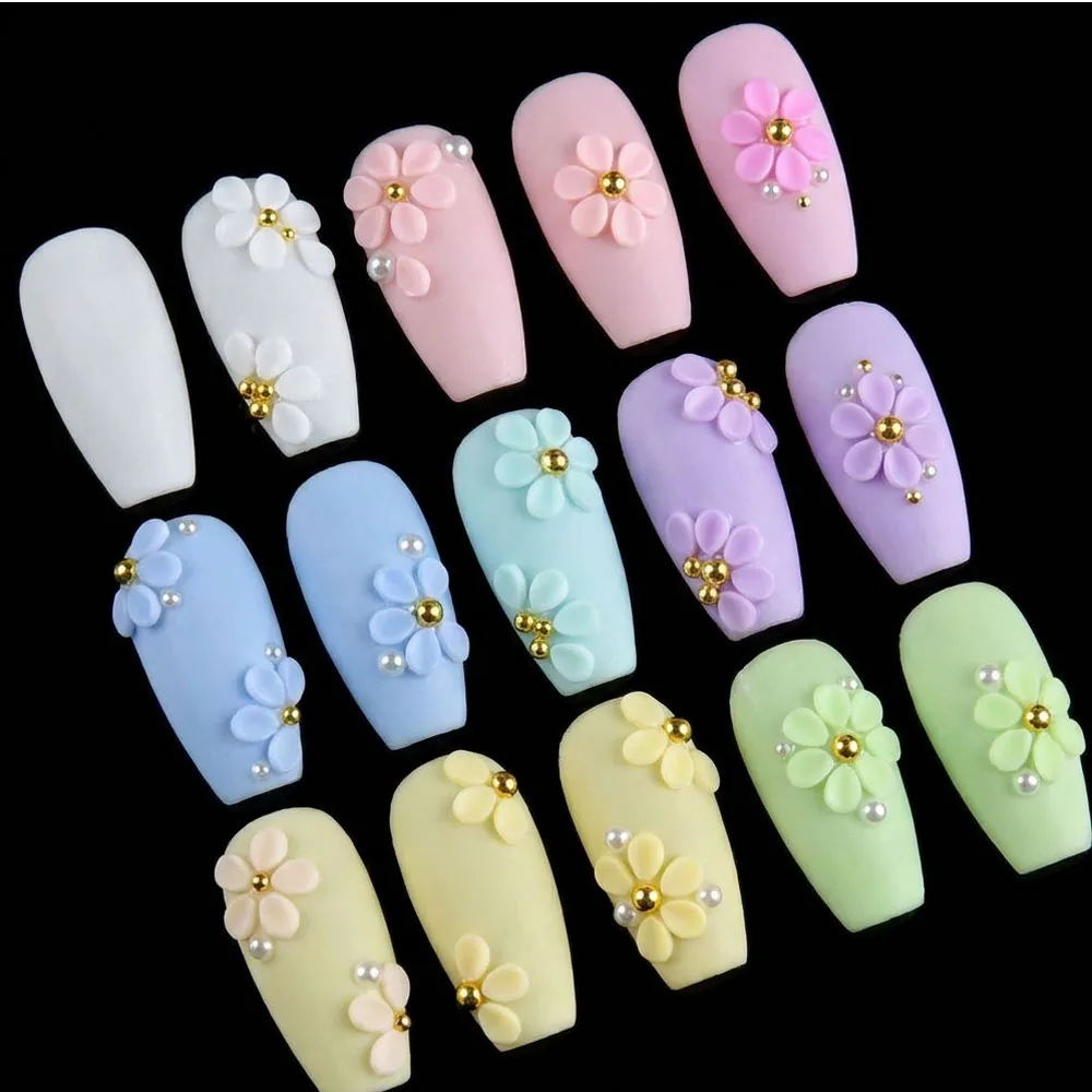 12-teiliges 3D-Macaron-Blütenblätter-Nagelkunst-Set mit Gold- und Weißperlen, Weiße, Rosa, Blaue und Grüne Blumen zur Nageldekoration – Detail 6