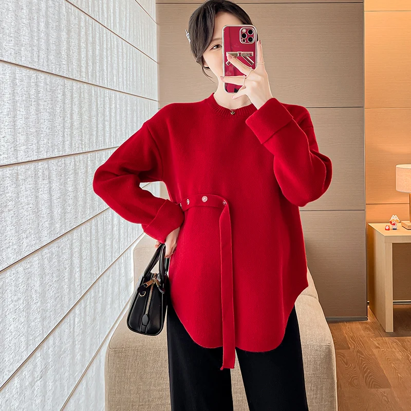 

Red Maternity Sweater Autumn Winter Plus Size Pregnant Woman Knitted Pullovers Irregular Fashion Pregnancy New Year Clothes Nice
