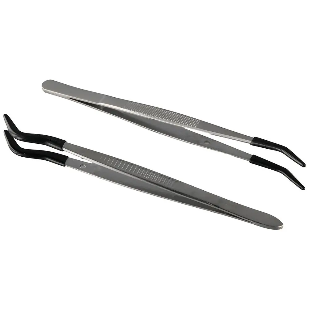 2 Pieces Bent Tip Tweezers Set Long Tweezers with Soft Rubber Tips Stainless Steel Tweezers,Curved Tipped Tweezers