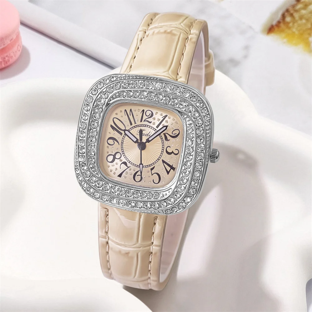 Luxury 2024 Full Star Diamonds Ladies Silver Case Digital Quartz Watch Fashion Beige Leather Women\'s Dress Clock Wristwatch