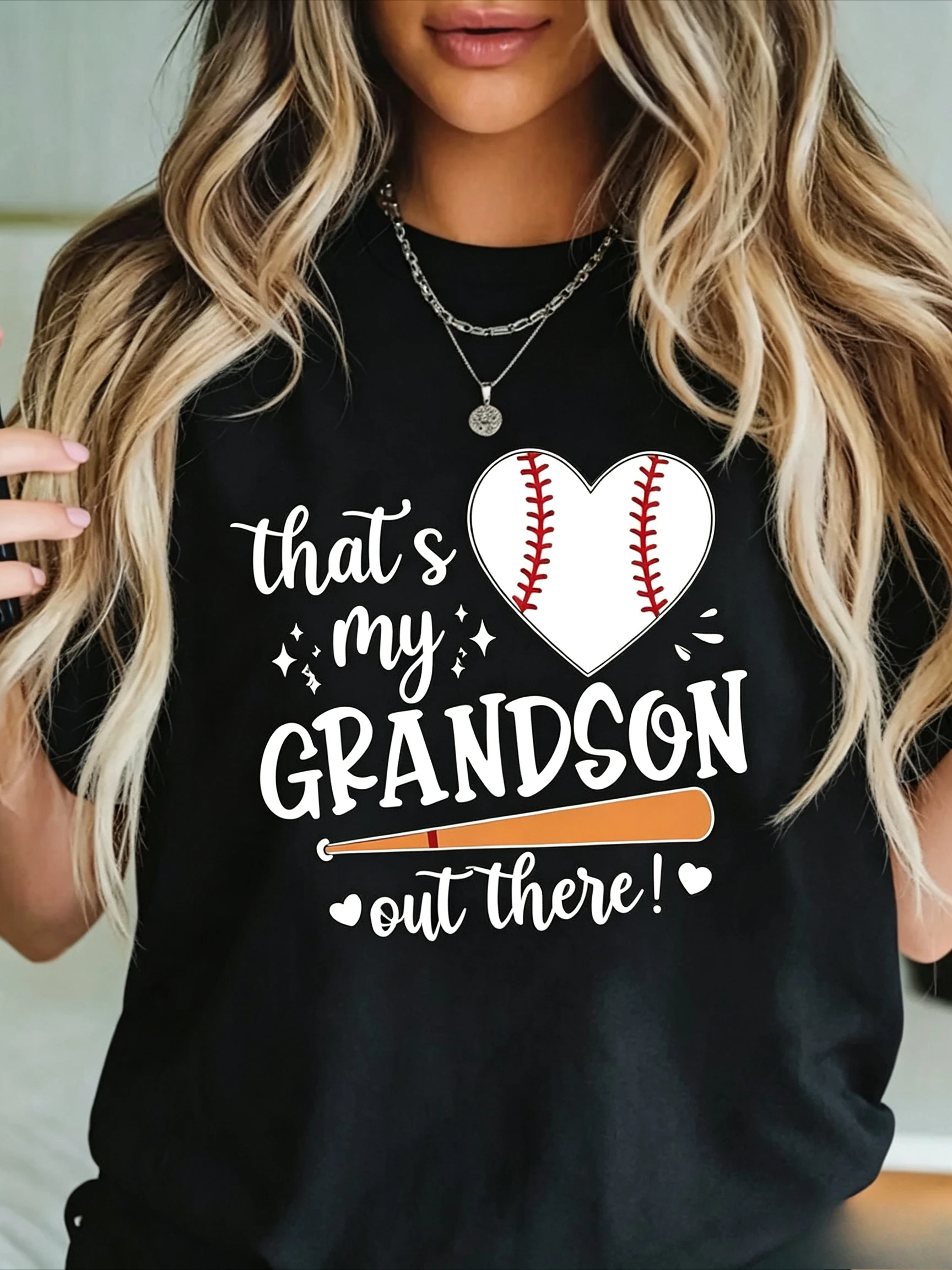 T Shirt Thats My Grandson Baseball Heart Print Casual Short Sleeve Top Sports Game Day Outfit Holiday Party Daily Wear for Women