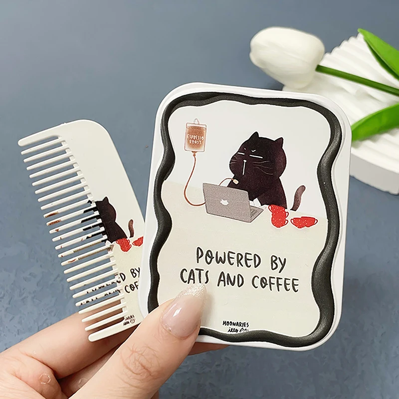 Espejo de maquillaje plegable con patrón de gato de dibujos animados, espejo de bolsillo portátil, espejo cosmético rectangular con peine para mujeres y niñas