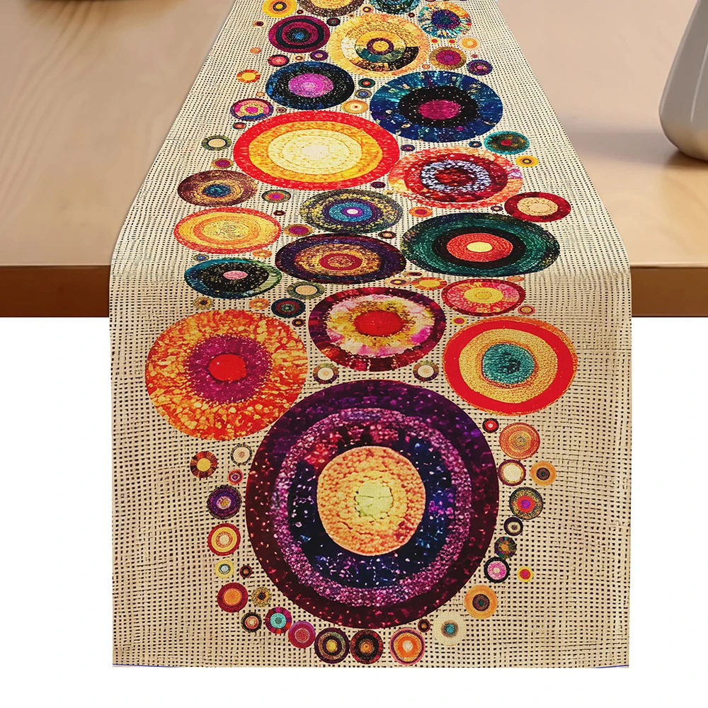 1pc Bohemian Art Table Runner, Vintage Circular Pattern, Suitable for Dining Room and Kitchen, Home Party Decoration, Faux Linen