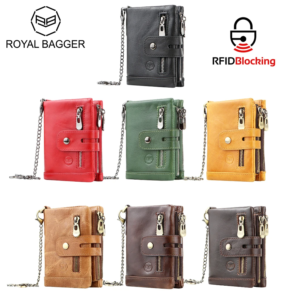 

Royal Bagger RFID Short Wallet Purse for Men, Genuine Leather Business Clutch Bag Card Holder Coin Purses, with Chain Strap 1704