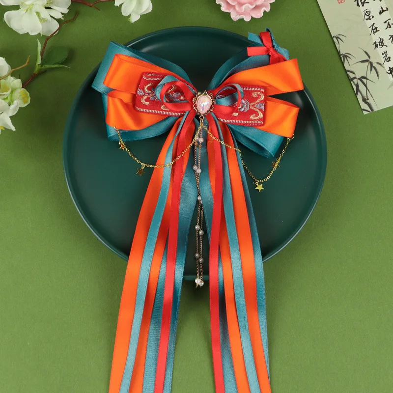 Ancient Chinese Style Red Ribbon Streamer Tassel Hair Clips for Girls Hanfu Hair Accessories New Year Celebration Festival Gift