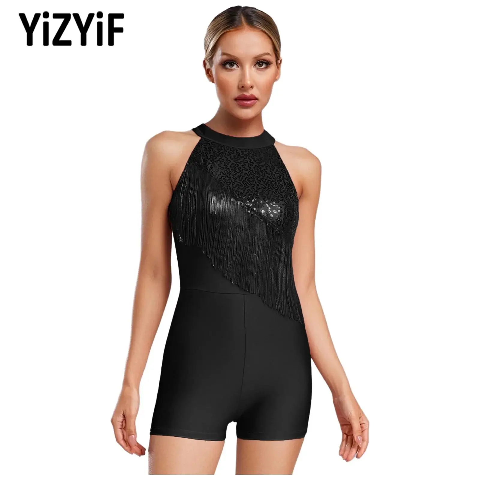 

Women Fancy Figure Skating Costumes Sequin Tassel Rompers Sleeveless Fringe Bodysuit Jumpsuit Latin Dance Spanish Dance Costumes