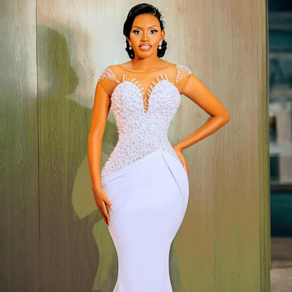 Elegant White Mermaid Wedding Dresses Customized Sparkly Crystals Beaded Bridal Gowns Plus Size Arabic Aso Ebi Robe De Mariee