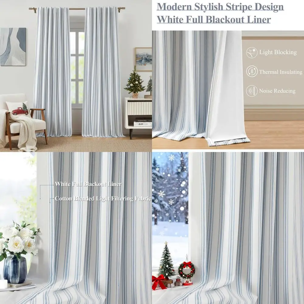 

90 Full Blackout Striped Curtains, Blue on White Cotton Blend, White Liner, Back Tab, 55x90 (Set of 2)