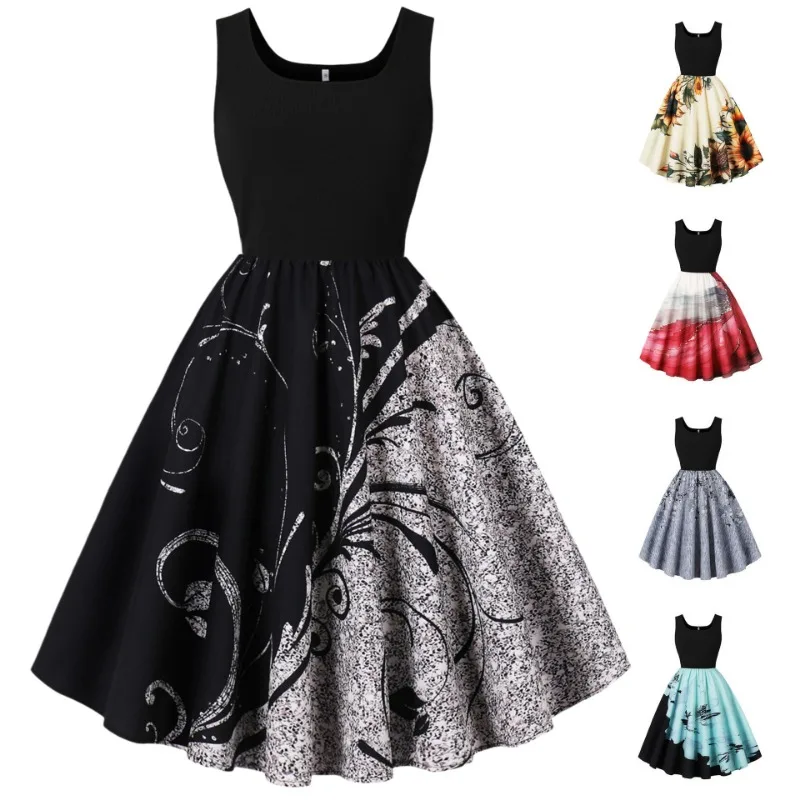 2025 Nieuwe Zomer Hepburn Retro Vrouwen Tank Top Kraag Mouwloze Jurk Streetwear 50 S 60 S Zwart Splice Print grote Hanger Jurken