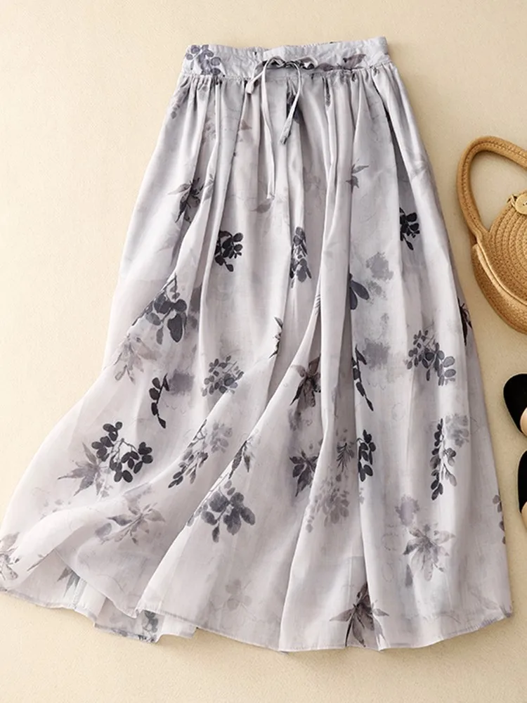 Women Casual Long Skirts New Arrival 2023 Summer Vintage Style Floral Print All-match Loose Ladies Elegant A-line Skirt B2610