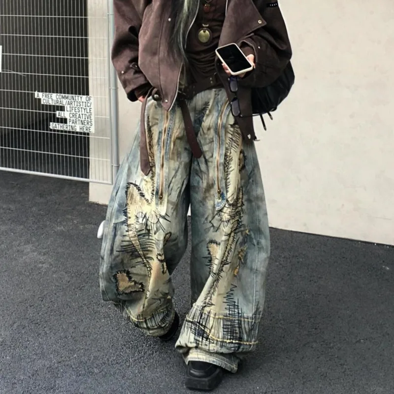 Women Vintage Long Pants Large Size Washed Embroidered Jeans Street Loose Fit Wide Leg Drop Fashion Broken Comfortable Clothing