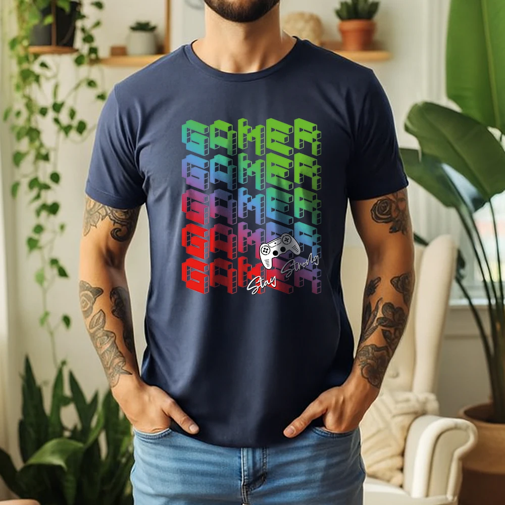 \Mens 100% Cotton Short Sleeve T Shirt Stay Strongly Gamer Retro Pixel Gamepad Graphic Print Breathable Casual Summer Daily Tees