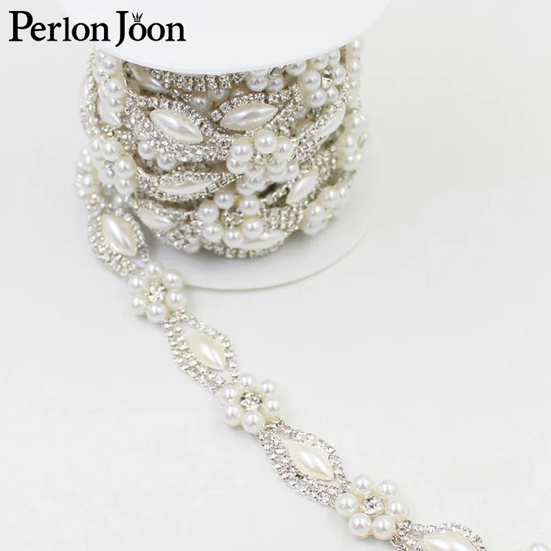 Pearl flower rhinestone trim plating gold silver flatback pearl crystal decorative chain clothing accessories ML090