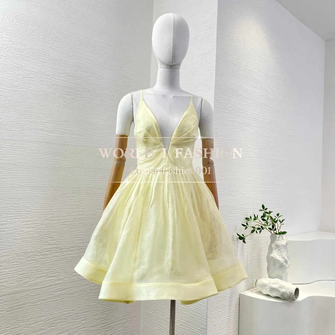 

Yellow Solid 2025 New Collection High Quality Sweet Sleeveless Folds Pleats A-line Women Spring Summer Mini Dress