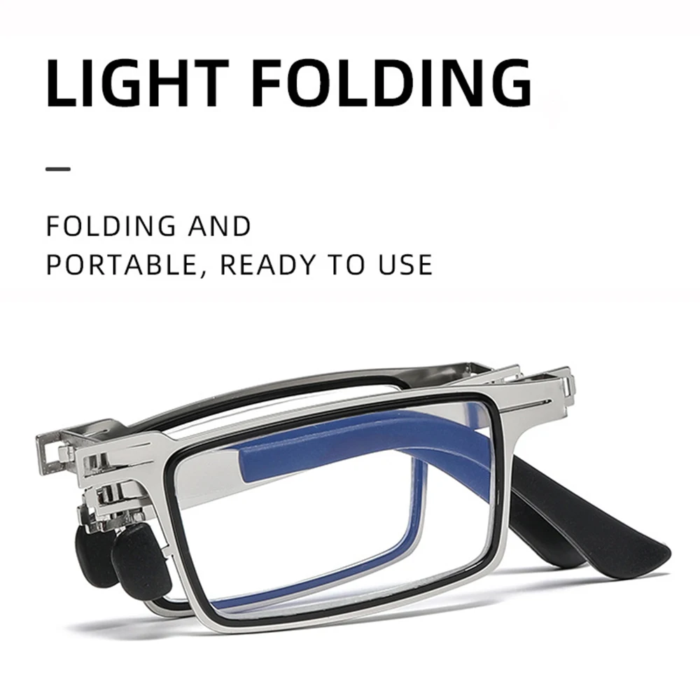 Tragbare Falten Lesebrille Männer Metall Runde Platz Anti Blau Licht Brillen Presbyopie Brillen Rahmen Dioptrien +1,0 bis +4,0 – Detail 18